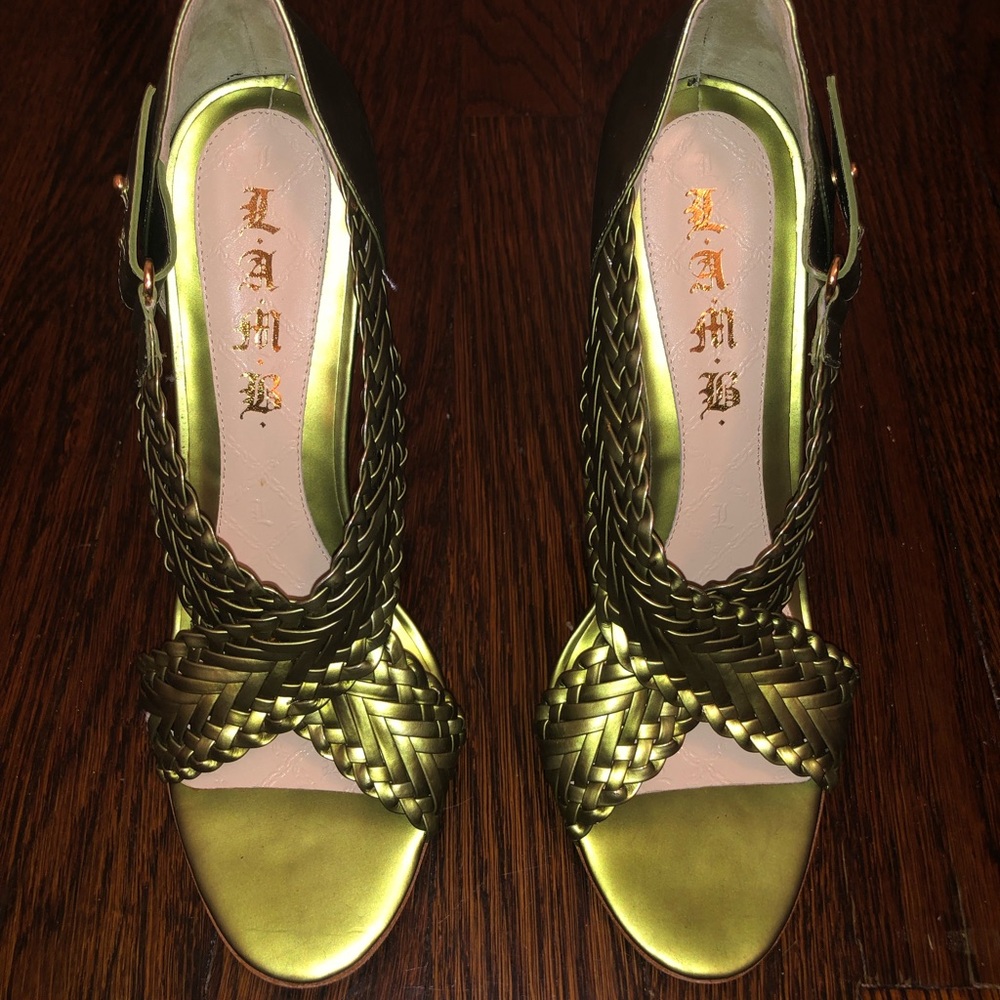 L.A.M.B. Metallic Green Braided Heels, Size 9